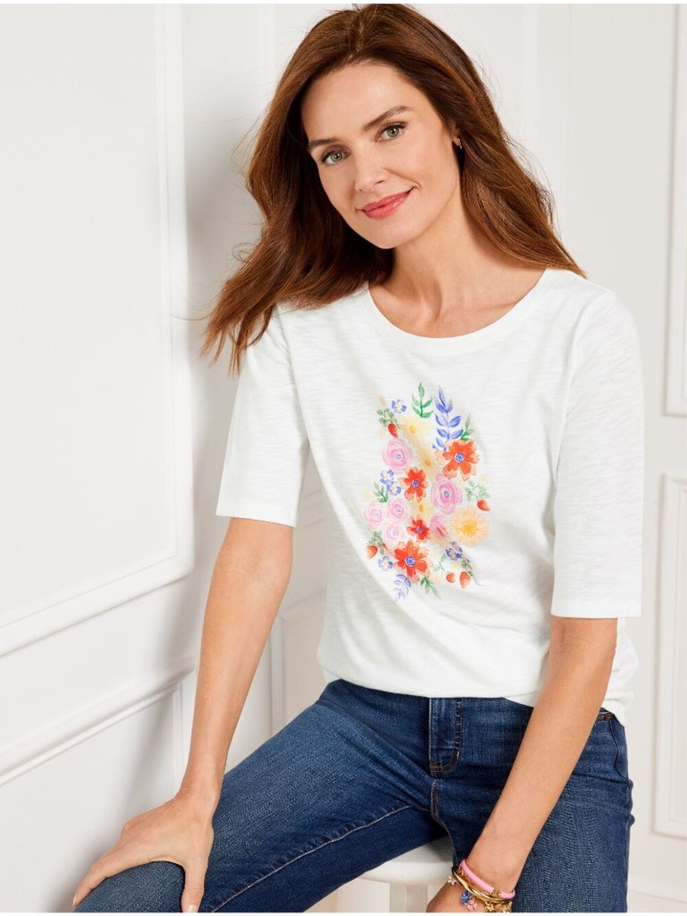 Talbots Crewneck Tee 100% Cotton Size Medium White Floral BouquetShort Sleeve